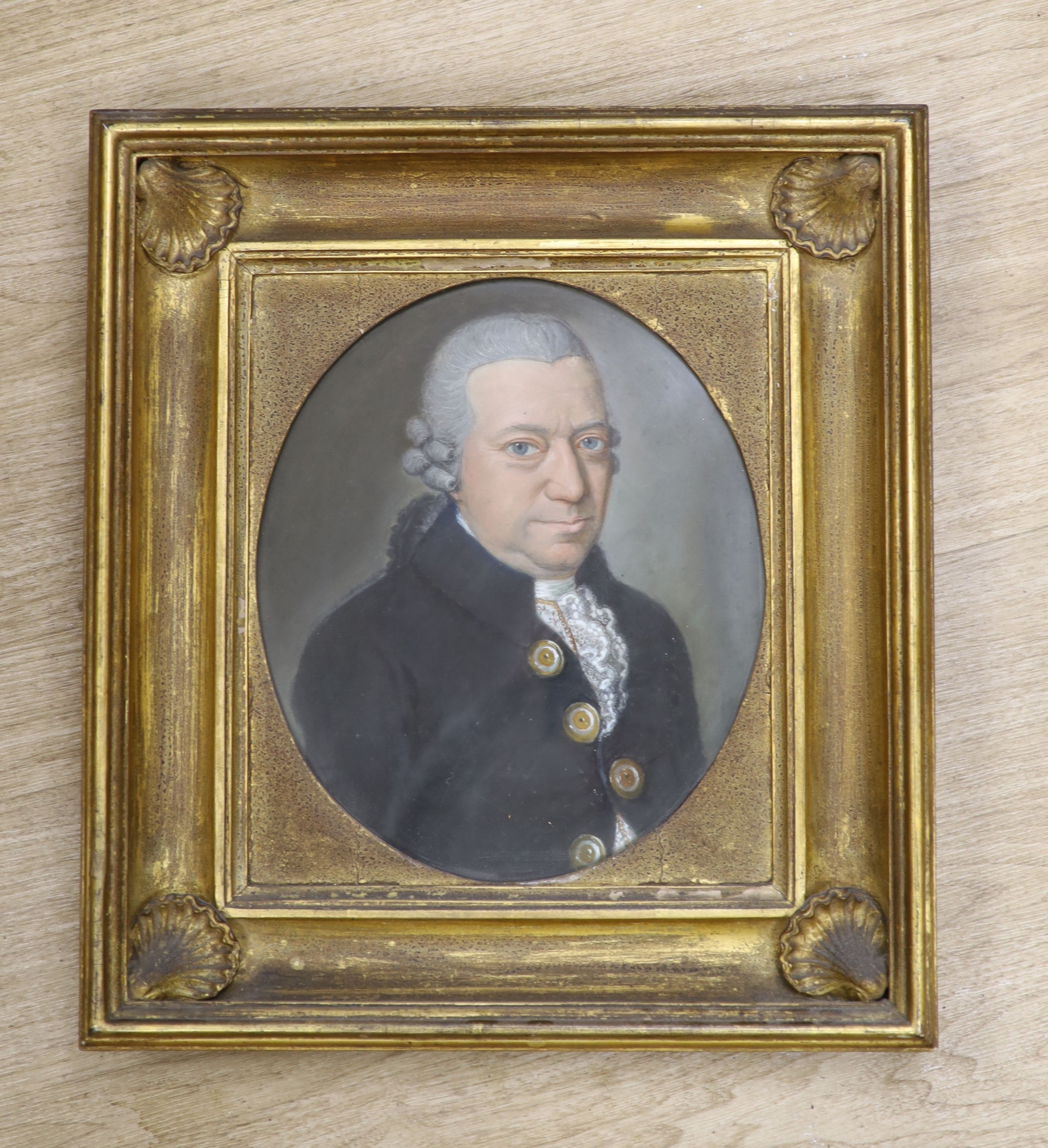 Late 18th century English School, pastel on paper, Portrait of a gentleman, oval, 30 x 25cm